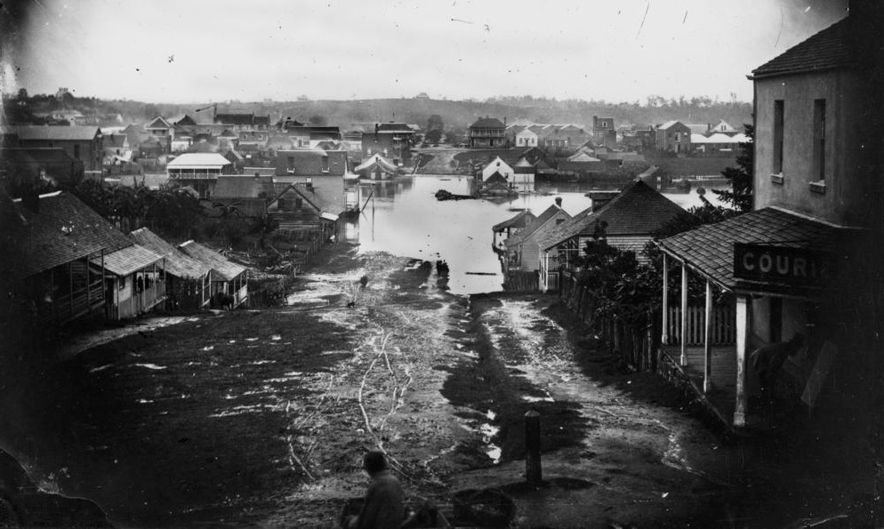 View looking down Charlotte Street, Brisbane, during the flood of 1864, 'John Oxley Library, State Library of Queensland Image: 21949'